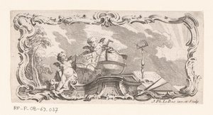 Vignette mit zwei Putti mit Landkarte, Globus und Messinstrumenten von Jacques Philippe Le Bas