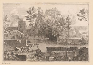 Landschaft mit See und drei badenden Frauen von Jacques Prou