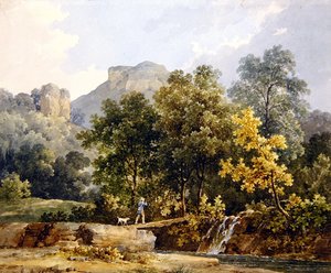 Jäger überquert eine Brücke über einen Fluss von Jacques Raymond Brascassat