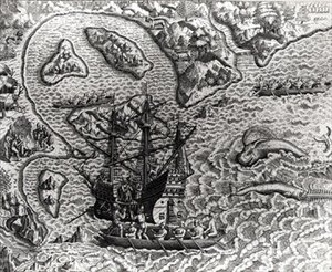 Johannes Staden kommt auf einer unbekannten Insel an und findet die Portugiesen bereits dort, aus Americae, 1593, geschrieben und graviert von Theodor de Bry (1528-98)