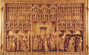 Altarbild der Heiligen und Märtyrer, zentrale Tafel die Enthauptung von Johannes dem Täufer, das Martyrium der Heiligen Katharina von Alexandria und der Heiligen Barbara und die Versuchung des Heiligen Antonius, ca. 1391 von Jacques de Baerze or Baers