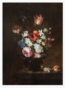 Eine Rose, Tulpe, Iris, Mohnblumen, Geißblatt und andere Blumen in einer Glasvase mit Muscheln auf einem Sims von Jacques de Claeuw
