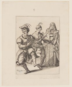 Eine verschleierte Frau mit zwei Musikern, die ein Rost und einen Blasebalg spielen, aus Die Maskeraden von Jacques de Gheyn II