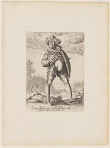 Soldat, bewaffnet mit Breitschwert und Schild, aus Offiziere und Soldaten der Leibgarde von Kaiser Rudolf II von Jacques de Gheyn II