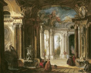 Das Innere eines barocken Palastes mit eleganter Gesellschaft bei Brunnen von Jacques de Lajoüe