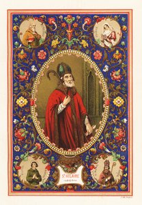 Porträt des Heiligen Hilarius, Bischof von Poitiers, mit Mitra und Krummstab, innerhalb eines dekorativen Rahmens aus Laub