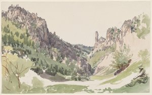Ein sitzender Mann, der ein sonnenbeschienenes Bergtal betrachtet von Jakob Alt