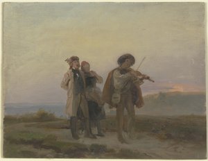 Abendlicher Spaziergang, Geiger und Bauernpaar auf den Feldern von Jakob Becker