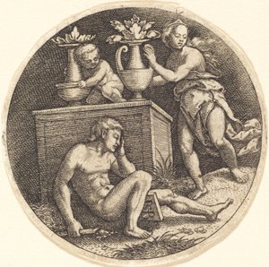 Jugend schläft vor einem Altar von Jakob Binck