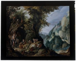 Die Versuchung des heiligen Antonius in einer Landschaft von Jakob Isaaksz Swanenburgh
