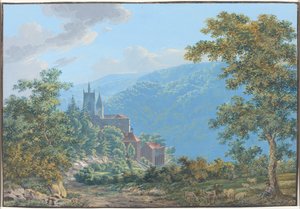 Eine Festung in einer Berglandschaft bei Sonnenaufgang von Jakob Wilhelm Huber