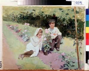 "Am Rosenstrauch" Zwei Kinder in einem Rosengarten. Gemälde von Jakov Kalinichenko (1869-1938) 1908 Staatliches Regionales I. Pozhalostin Kunstmuseum, Ryasan