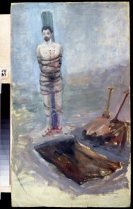 Russische Revolution von 1905: "Die Hinrichtung" Ein Verurteilter an einen Pfahl gebunden nahe seinem ausgehobenen Grab. Gemälde von Jakov Kalinichenko (1869-1938) 1905 Staatliches Regionales I. Pozhalostin Kunstmuseum, Ryasan von Jakoff Jakovlevitch Kalinitchenko