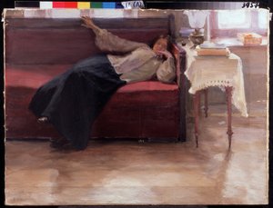 "Songes" junge nachdenkliche Frau auf einem Diwan. Gemälde von Jakov Kalinichenko (1869-1938) von Jakoff Jakovlevitch Kalinitchenko