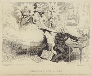 Eine Ratte aufspüren: Der walisische Philosoph, nonkonformistische Prediger und Pamphletist Richard Price erschreckt von einer riesigen, bebrillten Nase, die Edmund Burke darstellt, der ihn bei der Arbeit überrascht, umgeben von Beweisen für Aufruhr gegen 