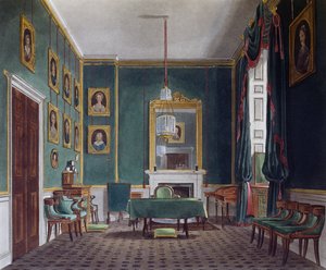 Grünes Rückzugszimmer, Gravur von Daniel Havell (1785-1826), basierend auf einem Entwurf von James Stephanoff (ca. 1788-1874), aus The History of the Royal Residences von James (after) Stephanoff