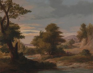 Eine bewaldete Flusslandschaft mit Mutter und Kind von James Arthur O