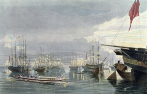 Ansicht des Flusses, Schiffe und Stadt Kalkutta, von der Nähe von Smiths Dock, 1837, graviert von Robert Havell dem Jüngeren