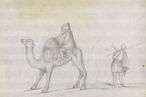 Reisender und ein Mann auf einem Kamel