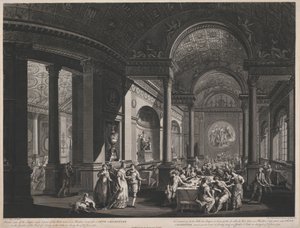 Innenansicht des Speisesaals und eines Teils des Ballsaals in einem Pavillon, der für ein Fete Champetre im Garten des Earl of Derby errichtet wurde von James Caldwall