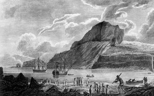 Kerguelen-Insel, Blick auf die Weihnachtsbucht, Zeichnung von William Hodges, Kupferstich von William Watts, Illustration aus Reise zum Südpol und um die Welt, von James Cook, Ausgabe veröffentlicht in Paris 1778 von James Cook