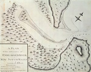 Karte des Eingangs des Endeavour River, Karte aus dem Bericht der ersten Reise unter der Leitung von James Cook (1728-1779) zwischen 1768 und 1771, Australien