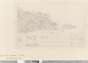 Ansicht des Wasserplatzes Tegadoo Bay, Neuseeland, 23. Oktober 1769