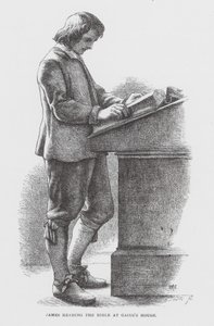 James liest die Bibel im Haus von Gaius von James Dawson Watson