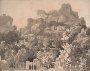 Felsige Landschaft mit klassischen Gebäuden von James Deacon