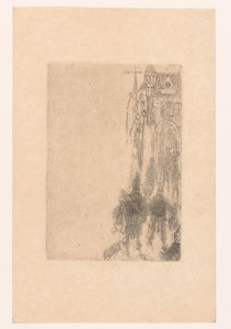 Figuren gehen auf ein Tor mit Fleisch und Fisch zu von James Ensor