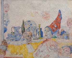 Pierrot und Skelett in gelbem Gewand von James Ensor