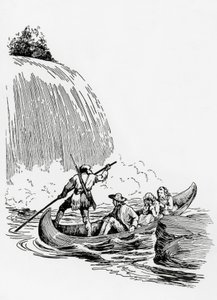 Die Hauptfiguren in einem Kanu bei einem Wasserfall, Illustration für Der letzte Mohikaner von James Fenimore Cooper, Principato Editore, Mailand von James Fenimore Cooper