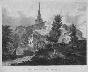Dunfermline Abbey und Mühle, 1804 von James Fittler