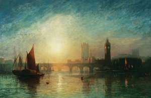 Ansicht der Westminster-Brücke und der Houses of Parliament, mit Heubarke und anderen Schiffen im Vordergrund, 1869 von James Francis Danby