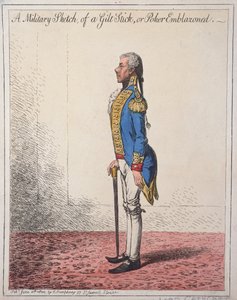 Eine militärische Skizze eines vergoldeten Stocks, veröffentlicht von Hannah Humphrey im Jahr 1800