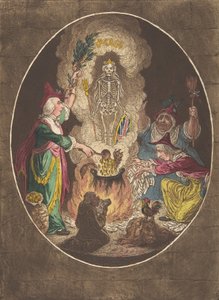 Eine Phantasmagorie, Szene - Beschwörung eines bewaffneten Skeletts, 5. Januar 1803 von James Gillray