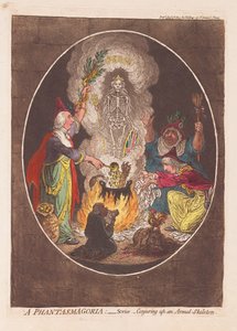 Eine Phantasmagorie: Szene - Heraufbeschwörung eines bewaffneten Skeletts, veröffentlicht 1803 von James Gillray