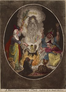Eine Phantasmagorie; - Szene - Heraufbeschwörung eines bewaffneten Skeletts, 5. Januar 1803 von James Gillray