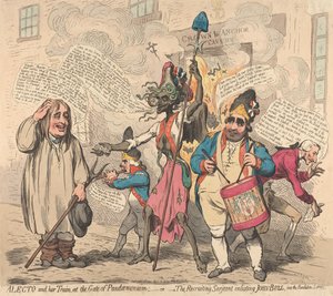 Alecto und ihr Gefolge am Tor von Pandämonium; - oder - Der Rekrutierungssergeant wirbt John Bull für den Revolutionsdienst von James Gillray