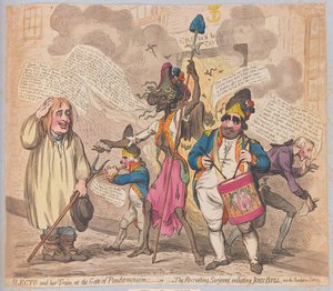 Alecto und ihr Gefolge am Tor von Pandaemonium oder der Rekrutierungssergeant wirbt John Bull für den Revolutionsdienst an, veröffentlicht (handkolorierte Gravur) von James Gillray
