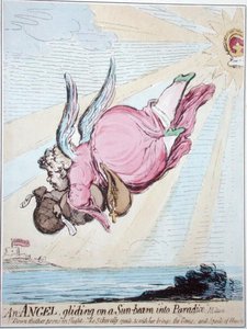 Ein Engel gleitet auf einem Sonnenstrahl ins Paradies von James Gillray