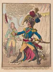 Bonaparte hört von Nelsons Sieg und schwört bei seinem Schwert, die Engländer von der Erde zu vertreiben, veröffentlicht 1798 von James Gillray