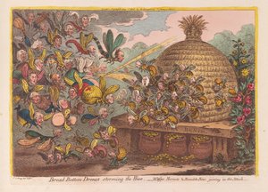 Breitbodige Drohnen stürmen den Bienenstock: Wespen, Hornissen und Hummeln schließen sich dem Angriff an, veröffentlicht 1808 von James Gillray