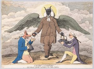 Krümel des Trostes oder der alte Orthodoxe stellt seinen gefallenen Kindern Trost wieder her, veröffentlicht 1782 (handkolorierter Stich) von James Gillray