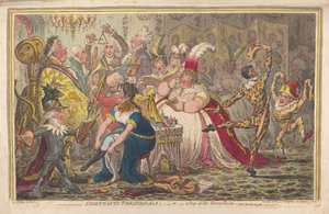 Dilettanten-Theater oder ein Blick ins Grüne Zimmer, siehe Pic-Nic-Orgien, veröffentlicht 1803 von James Gillray