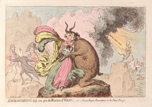 Verzauberungen, die kürzlich auf den Bergen von Wales gesehen wurden oder Shon-ap Morgans Versöhnung mit der Feenprinzessin, veröffentlicht 1796 von James Gillray