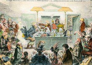 Englische Satire auf die Wissenschaft: neue Entdeckungen in pneumatischen Materialien. Satirische Zeichnung über die Begeisterung für wissenschaftliche Konferenzen im 19. Jahrhundert. Gravur von James Gillray (1757-1815) von James Gillray