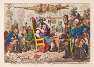 Französische Generäle treten aus gesundheitlichen Gründen zurück:- mit Lepaux, der in der Direktoriumsapotheke vorsitzt, veröffentlicht 1799 (handkolorierte Gravur)