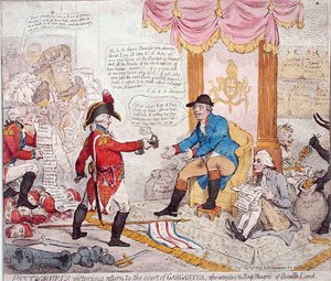 Pantagruels siegreiche Rückkehr an den Hof von Gargantua nach der Ausrottung der Soup-Meagres von Bouaille Land, veröffentlicht von Hannah Humphrey im Jahr 1794 (handkolorierte Radierung) von James Gillray