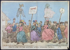 Prozession zu den Wahlurnen nach einer erfolgreichen Wahlkampagne, veröffentlicht von G. Humphrey im Jahr 1784 von James Gillray